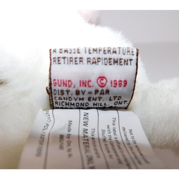 VTG 1989 Kinder GUND White Pink Plush Stuffed Rattle Puppy Dog 7" Baby Lovey - Picture 8 of 8